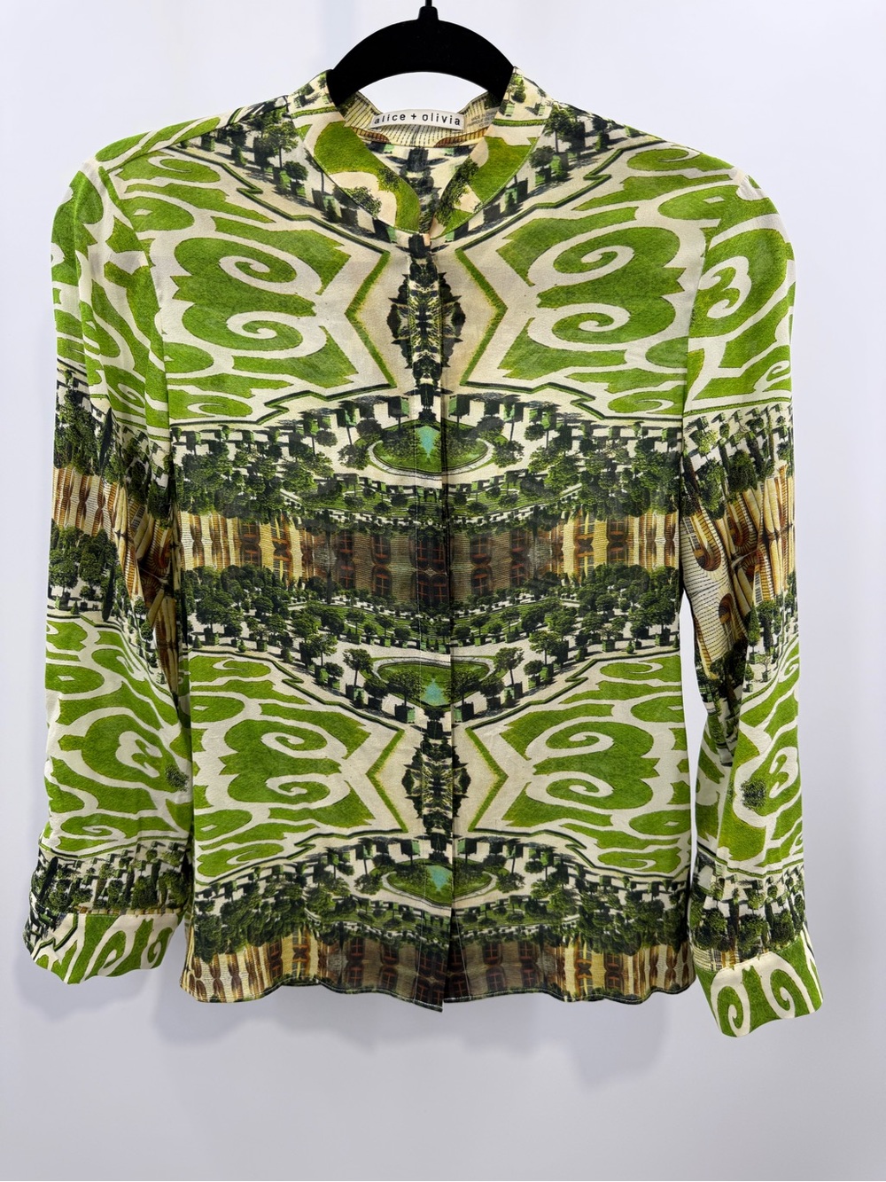 Alice + Olivia Green Scenic Print Button Front Blouse Long Sleeve Size XS